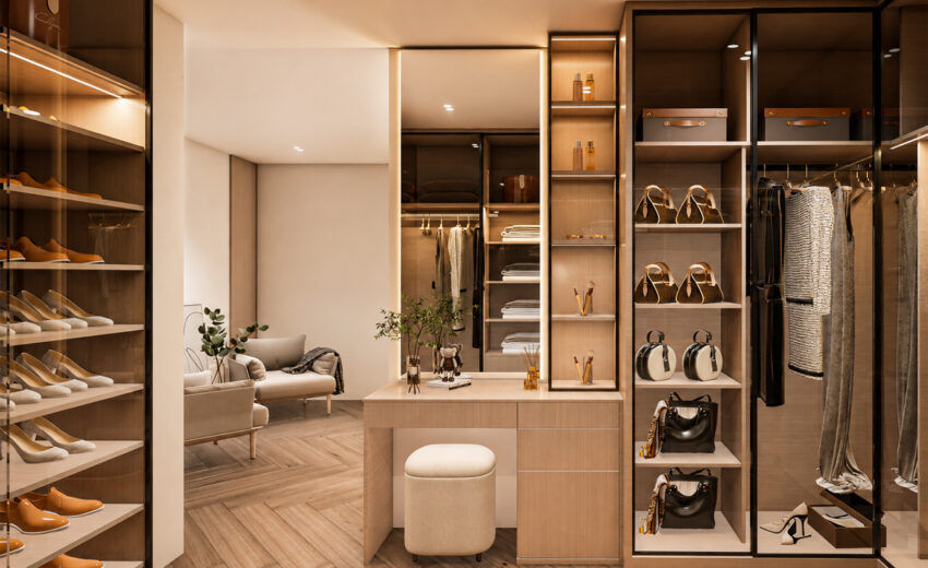 تصميم غرفة ملابس فاخرة مودرن مع خزانة ملابس بأبواب زجاجية، وخزانات مخصصة للأحذية والشنط، ووحدة تسريحة مكياج مع إضاءة ليد.