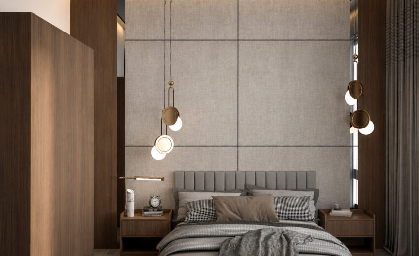 تصميم ديكورات غرفة نوم عصرية وراقية ضمن أعمال شركة أوكتاجون للأثاث في شاليهات المجمعة