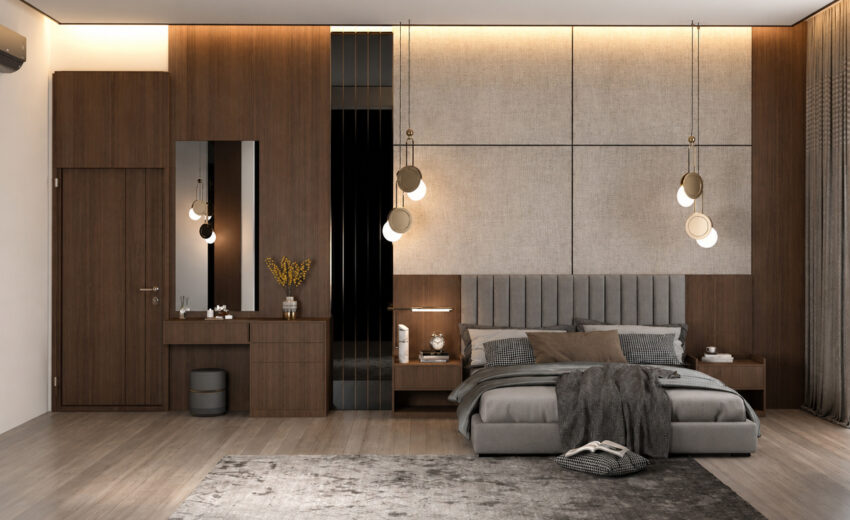 تصميم غرفة نوم مودرن وفاخرة بتفاصيل خشبية راقية ضمن تنفيذ شركة أوكتاجون للأثاث في شاليهات المجمعة