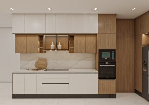 مطبخ مودرن أوف وايت مع خشب دافئ وإضاءة مخفية بتصميم عصري بالرياض