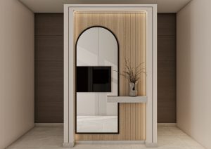 تصميم وحدة كونسول عصرية مع مرآة وتجاليد خشبية فاخرة في مدخل شاليه بالمجمعة
