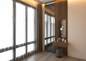 تفاصيل تصميم ديكورات غرفة نوم عصرية مع ركن تسريحة وإضاءة خفية في شاليهات المجمعة - شركة أوكتاجون للأثاث