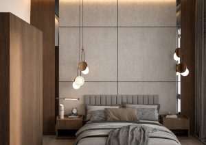 تصميم ديكورات غرفة نوم عصرية وراقية ضمن أعمال شركة أوكتاجون للأثاث في شاليهات المجمعة