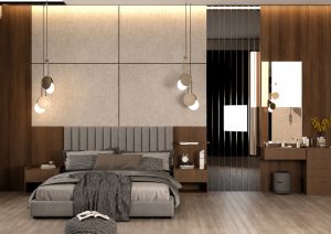 تصميم غرفة نوم ماستر فاخرة بتنجيد عصرية وخشب جداري في شاليه المجمعة