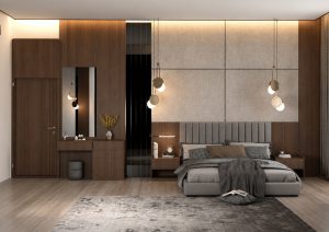 تصميم غرفة نوم مودرن وفاخرة بتفاصيل خشبية راقية ضمن تنفيذ شركة أوكتاجون للأثاث في شاليهات المجمعة